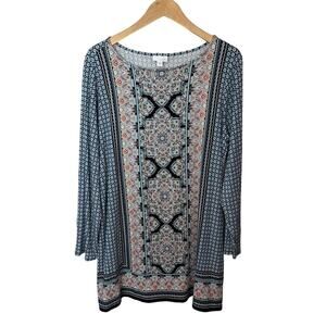 J Jill Boho Tunic Top Blue Floral Paisley Mixed Print Womens Size L Pullover